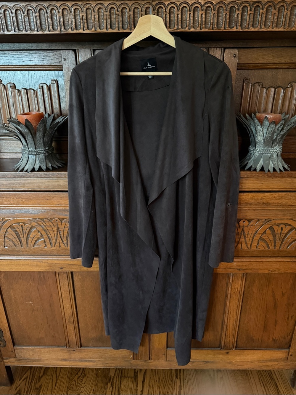 Chocolate Brown Draped Open-Front Long Faux suede Jacket Size Medium M